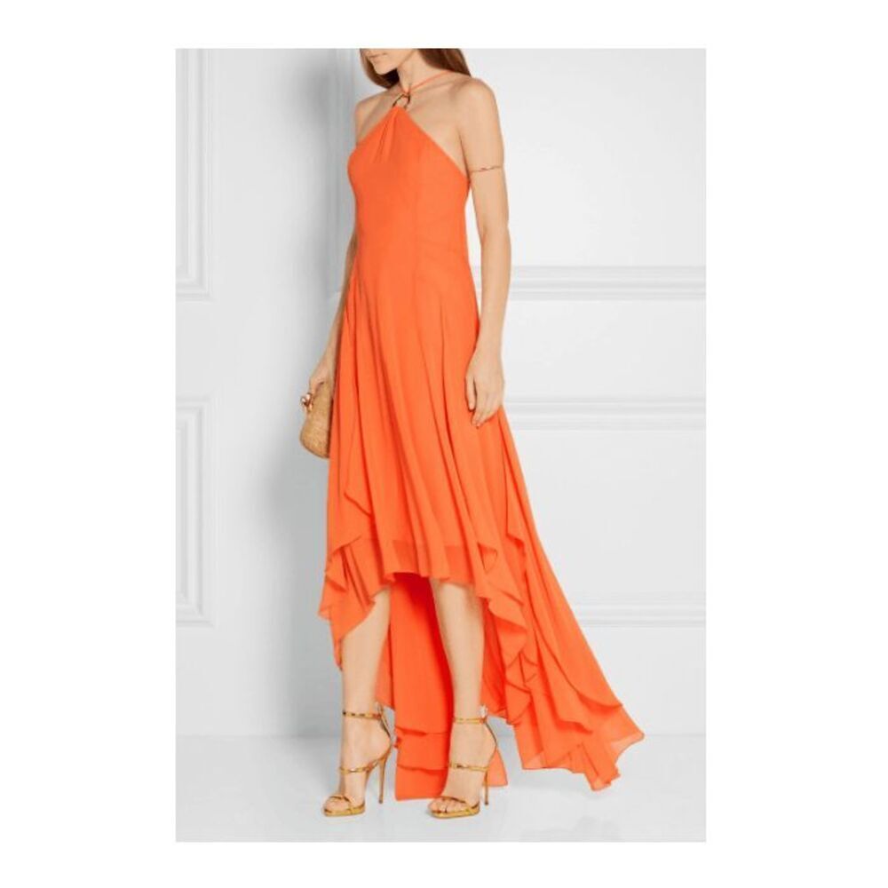 Halston Heritage Halter Georgette‎ High Low Dress Mandarin Chiffon Orange size 2